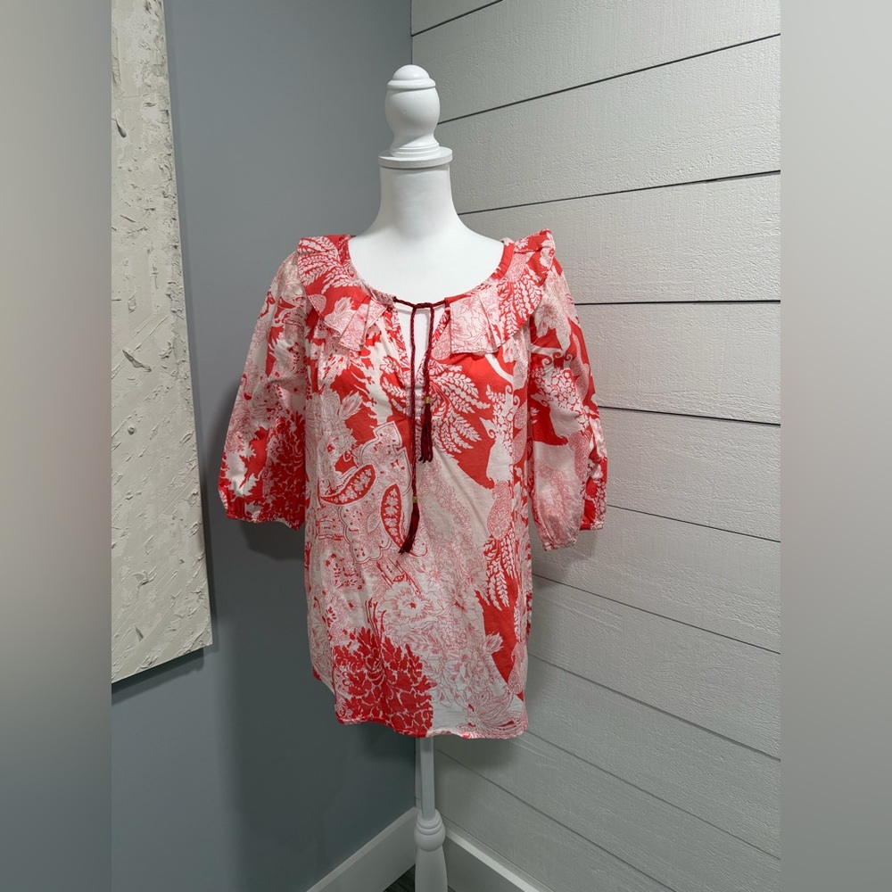 Etcetera Coral and White Patterned Blouse